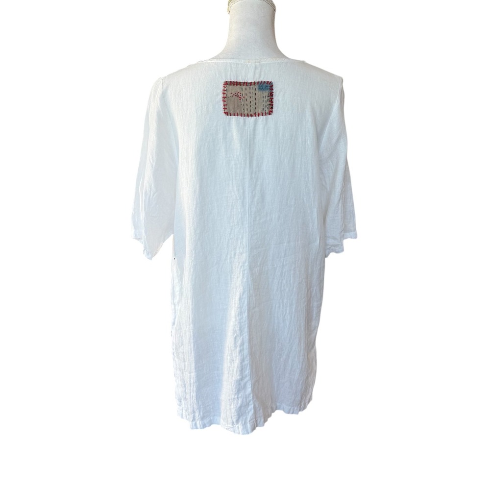 Small Linen Tunic Top Patchwork Pocket White - image 2